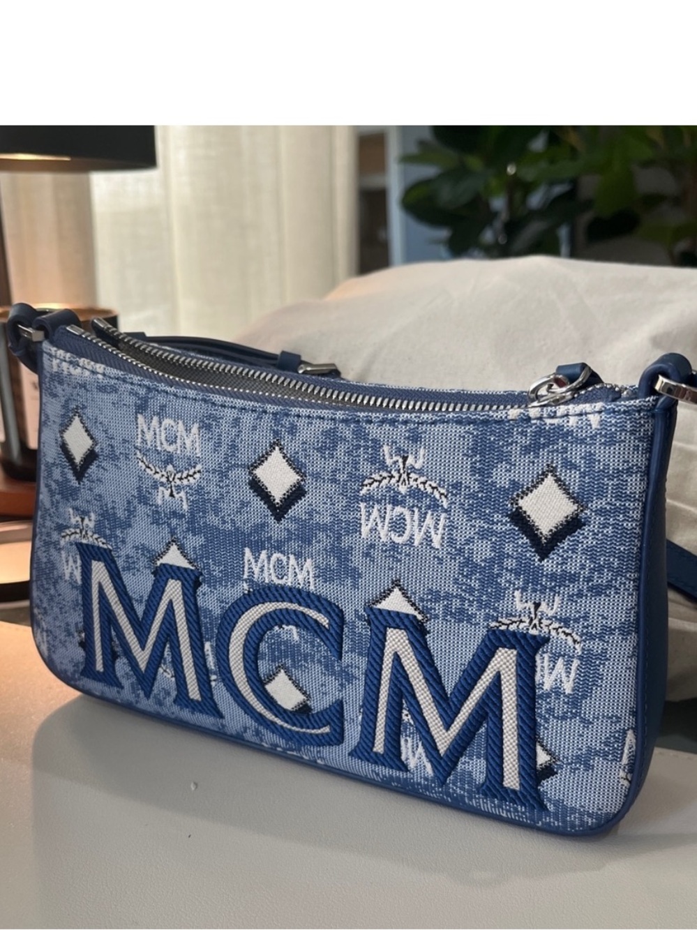 MCM Blue White Logo Jacquard Crossbody Bag - Picture 3 of 9